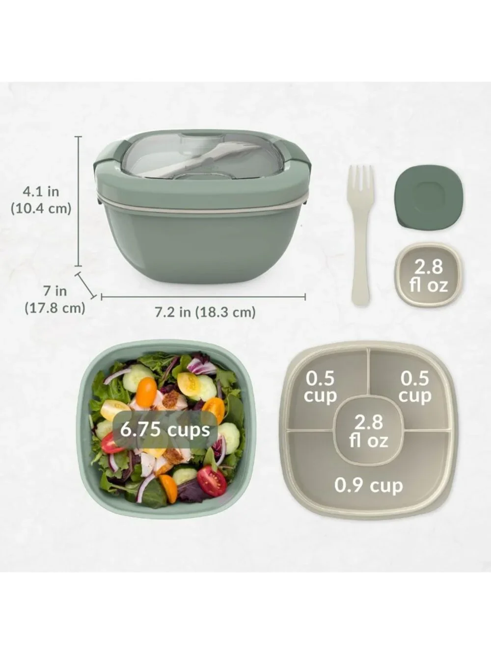 54 oz Salad Bowl with 4-Compartment Tray, Leak-Proof Dressing Container & Fork